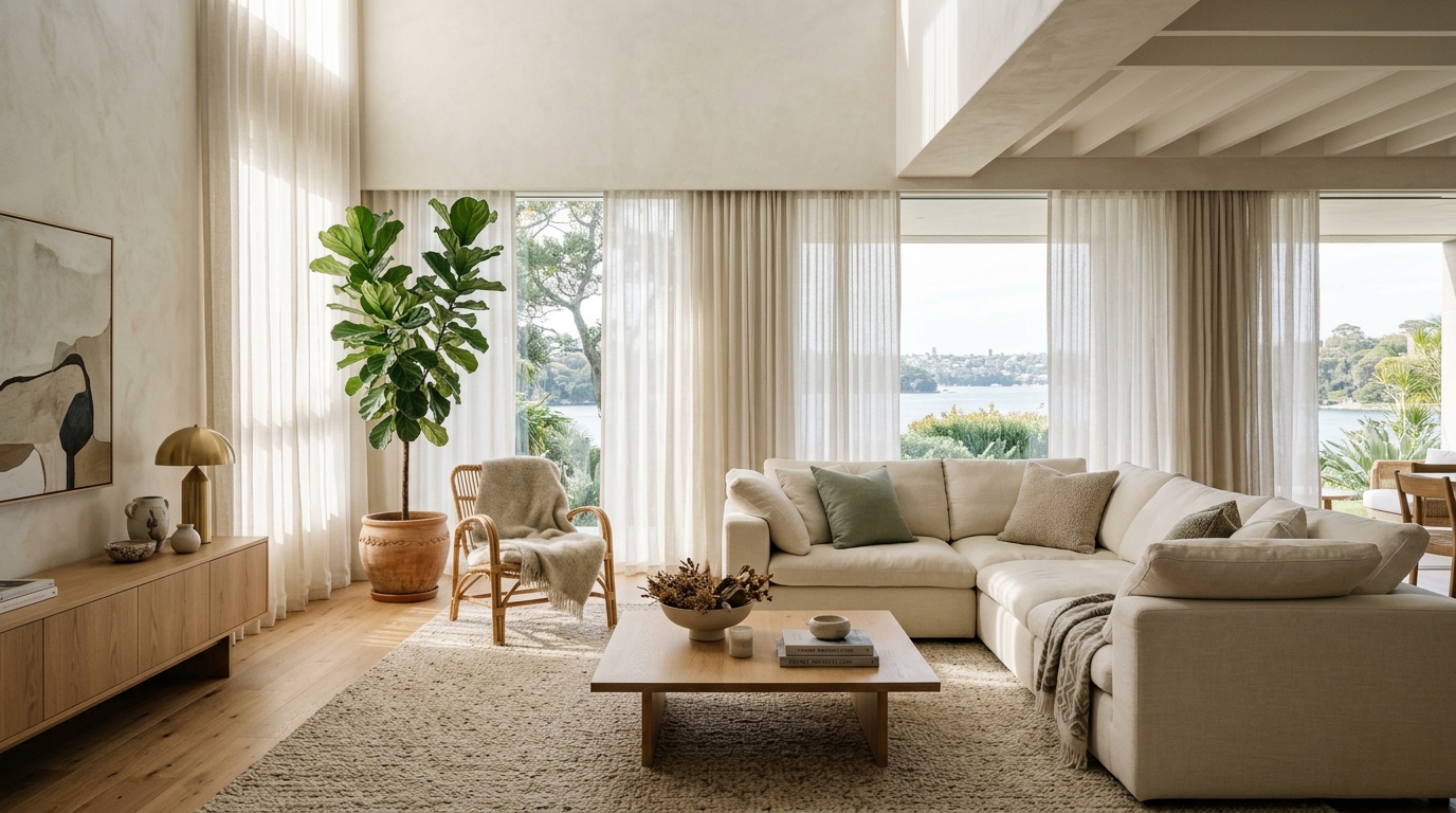 Contemporary Australian living room styled with refined designer furniture and natural lighting by Studio Leafi